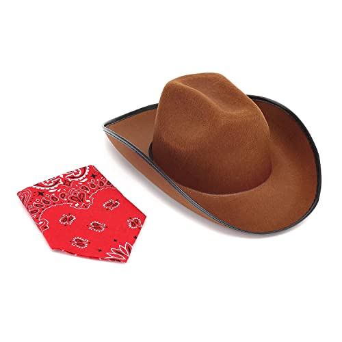 Amybasic Brown/Pink Cowboy Hat with Bandanna, Fits for Kids,Boys and Girls, For Dress-Up Parties and Play Costume