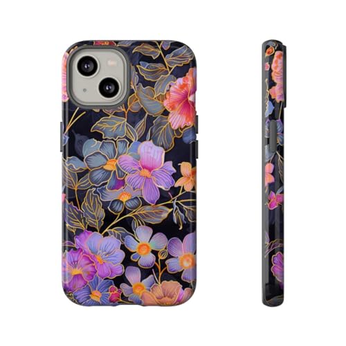 Coque iPhone 14 motif floral vibrant coque rigide brillante noire