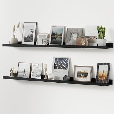 Acovy Long Floating Shelves for Wall, 48 inch Solid Wood Picture Ledge Shelf, Picture Shelf for Wall with Ledge, Floating Book Shelves for Living Room Bedroom Kitchen Nursery Decor, Black, Set of 2 Cover