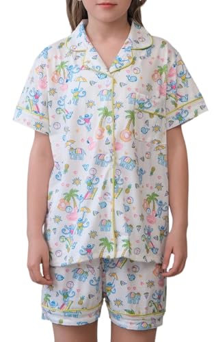 SLPTIMISO Girls Summer Outfit,Kids 2 Piece Button Down Monkey Loungewear Beach Shorts Set Preppy Animals Lounge Pjs