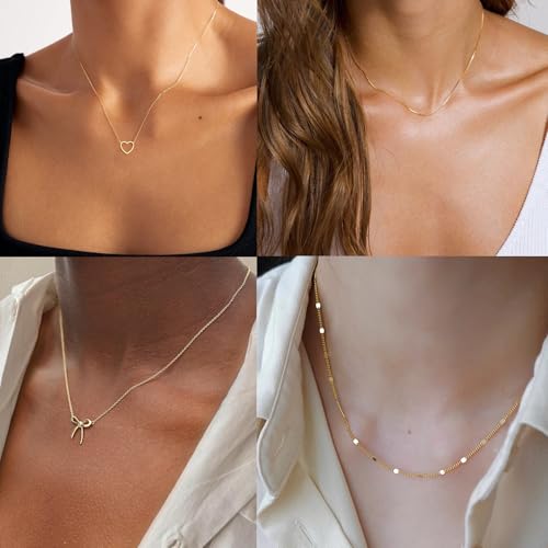 9Pcs 18k Gold Plated Necklaces for Women Love Heart CZ Bow Coin Circle Pendant Necklace Simple Pearl Satellite Beaded Choker Chain Box Chain Necklace Jewelry Set Adjustable Gold Silver Tone2