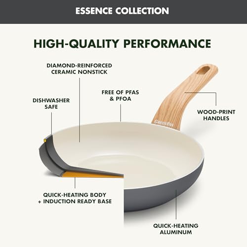 Image of GreenPan Rio Essence Wood 10 Piece Cookware Pots and Pans Set, Healthy Ceramic Nonstick, PFOA & PFAS-Free Coating, Induction, Silicone Rim Lids, Stay-Cool Wood Print Handles, Dishwasher Safe, Gray
