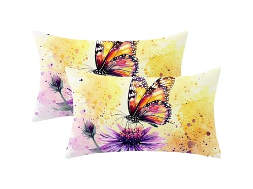 Juego de 2 Amarillo Fundas Cojines Exterior Impermeable, Mariposa Funda Cojin 40x60 con Cremallera Invisible, Impermeable Lino Cushion Covers para Exterior Jardín Sofá Decor, Regalo Mujer,Model191