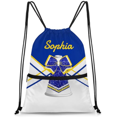 Funky Qiu Personalized Cheer Drawstring Backpack Customized Sport Grip Bag,Lightweight Drawstring Bag for Girls,Custom Name Cheerleader Gift Yellow Blue Cheerleading