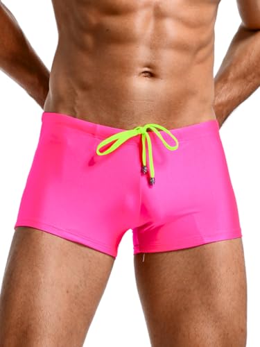 Men's Bright Color Swim Trunks, Sexy Stretch Swimwear, Drawsting Low-Rise Square-Leg