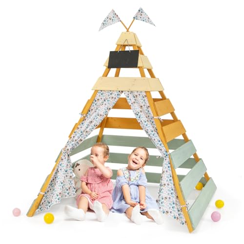 Costzon Kids Tent, Large Wooden Indoor Outdoor Triangle Hideaway Playhouse with Machine Washable Flags, Removable Chalkboard & Door Curtains, Teepee Tent for Kids Children 3+ Years Old