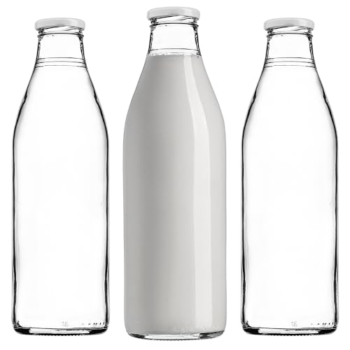KADAX Lot de 3 bouteilles à lait en verre 1L – Bouteilles vides pour lait, jus, smoothies & boissons maison