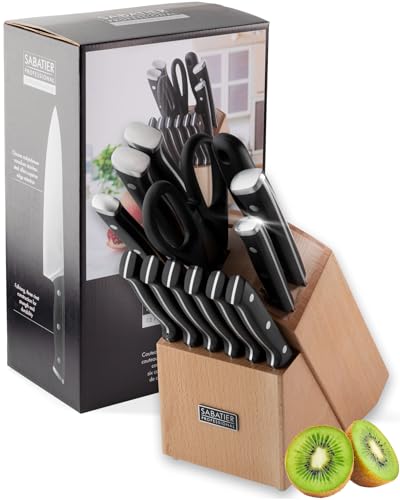 Sabatier 13pce Kitchen Knife Block Set - 5 Premium Knives 6 Steak Knives Scissors & Sharpening Steel Beech Wood Block Full Tang Chrome Molybdenum Vanadium Stainless Steel Blades 25 Year Guarantee