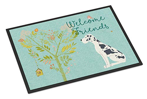 Caroline's Treasures BB7590MAT Welcome Friends Harlequin Great Dane Doormat 18x27 Front Door Mat Indoor Outdoor Rugs for Entryway, Non Slip Washable Low Pile, 18H X 27W