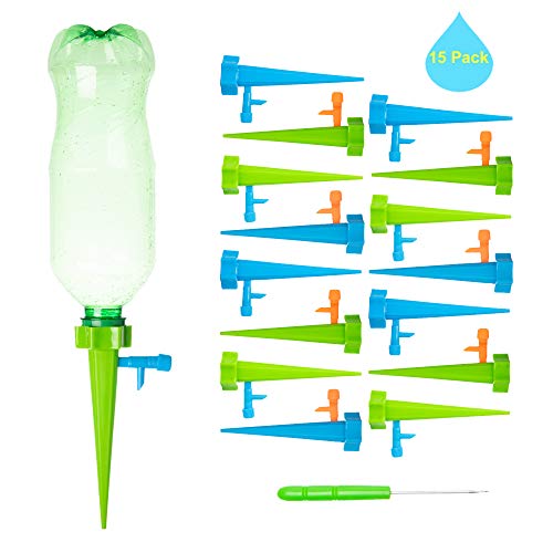 Self-Watering Stakes (15 pcs), Plant Drip Irrigation, Plant Watering Devices, Vacation Plant Waterer, Gardening Spikes with Slow Release Control Valve for Indoor Outdoor Plants