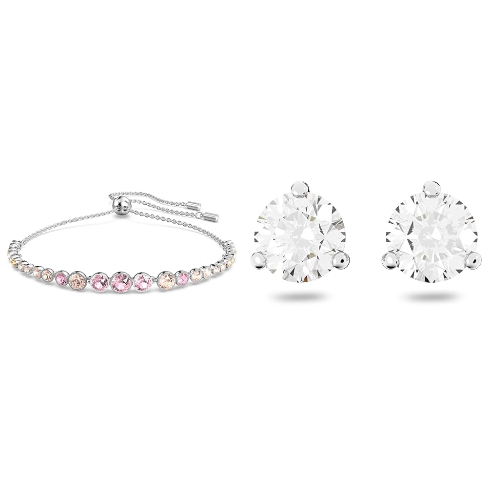 Swarovski Emily Bracciale, Placcato in Tonalità Rodio con una Fila di Cristalli Orecchini a lobo Solitaire, Taglio tondo, Bianchi, Placcato rodio