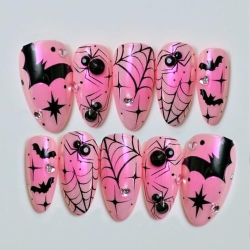 Halloween Press on Nails Long Almond Fake Nails with 3D Spider Bat Spider Web Laser Designs French Tip False Nails Holiday Spiders Acrylic Nail Full Cover Pink Stick on Nails for Women 24 Pcs