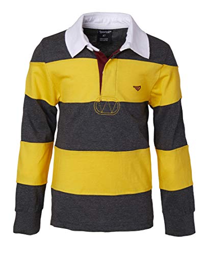 Sportoli Big Boys 100% Cotton Wide Striped Long Sleeve Polo Rugby Shirt - Mustard/Charcoal (Size 16)