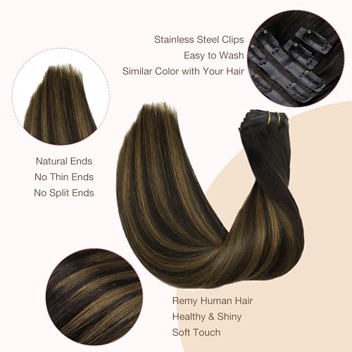 Image of GOO GOO Clip in Hair Extensions Real Human Hair, Remy Human Hair Extensions Clip ins for Women, Natural Human Hair, 18inch 110g 7Pcs, 2 /6 /2 Balayage Dark Brown to Chestnut Brown