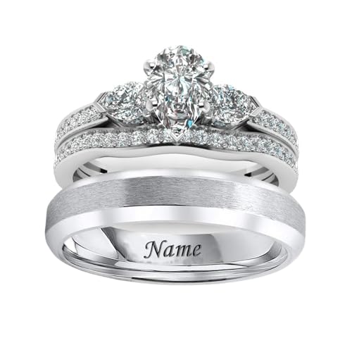 2.75 CT Moissanite 3 Three Stone Wedding Ring Sets for Couples,10K 14K 18K Solid Gold Cushion/Heart/Oval/Pear/Princess/Round Cut Bridal Ring Sets,Customized Matching Engagement Bands Set for Men and Women Free Engraving