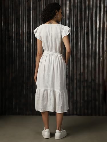 Image of High Star Women Cotton Solid Regular fit V-Neck Sleeveless Dresses