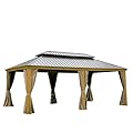 10x14ft Cedar Wood Gazebo, Solid Wood Hardtop Gazebo with Double Roof,3 Ceiling Hooks&Curtains, Outdoor Pergola for Patio,Backyard,Deck,Lawns (Yellow Brown, 233.76”L*165.60”W*126.42”H)