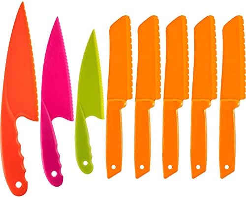 JOVITEC 8 Pieces Kid Plastic Kitchen Knife Set, Children's Safe Cooking Chef Nylon Knives for Fruit, Bread, Cake, Salad, Lettuce Knife (Orange Square Knife)