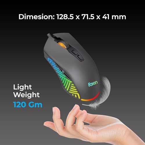 Image of Foxin Phantom GM 107 USB Wired Gaming Mouse with Upto 7200 DPI Gaming Sensor | 7 Buttons | Upto 10 Million Clicks | 7 Colours Rainbow Lighting | Ergonomic Design | 1.5m Cable (Black)