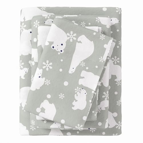 Great Bay Home Juego de sábanas de Franela 100% algodón Turco, Bolsillos Profundos, sábanas Suaves, sábanas cálidas de Doble Cepillado, sábanas de Franela (Completo, Osos Polares Gris)