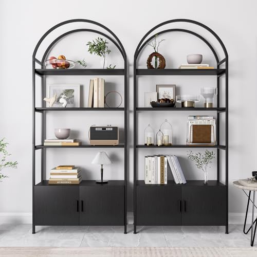 Image of Jehiatek Arched Bookshelf, Bookcase with Doors Storage, 71 Inches Tall Industrial Book Shelf with Sturdy Metal Frame, E1 Quality Boards, Freestanding Display Shelving Unit, Black