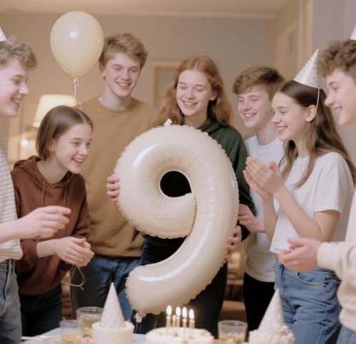Image of Number Balloons 9 Balloon Cream for 9th Birthday Party Decorations, 40 inch | Saturated Color, Large 40 inch, With Inflation Straw & Hanging Holes, Great for Wedding, Anniversary, Thanksgiving, Christmas