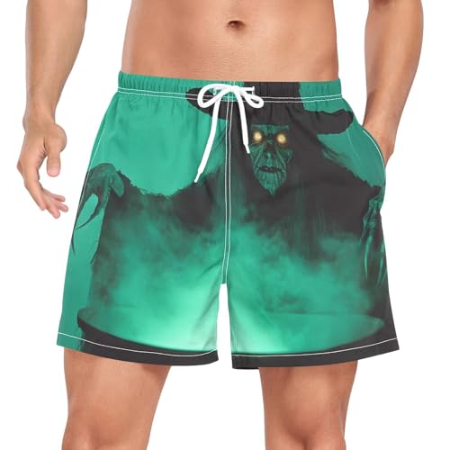 Men's Swim Trunks Witch Scary Green, Quick Dry Beach Board Shorts with Liner, Swimwear Bathing Suits S