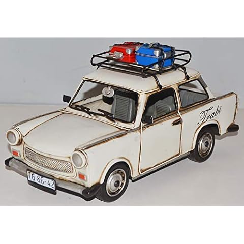 JS Garten Deko Blechauto Nostalgie Modellauto Oldtimer Marke Trabant Trabi mit Dachgepäck Koffer aus Blech L 28 cm Cover