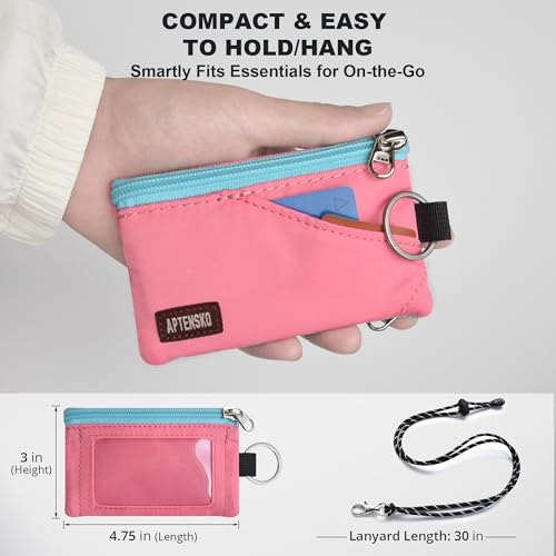Image of RFID Blocking Travel Wallet with Adjustable Lanyard, Small Nylon Zipper Pouch and Badge Holder for ID, Credit Cards, Cash, Keys, Commuters (Pink)