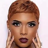 HOTKIS Short Pixie Cut Human Hair Wigs for Black Women Short Wigs Human Brazilian Hair Light Brown Glueless Non-Lace Wig #30 Color for African American Natural Look