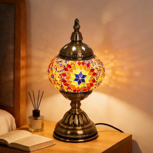 mfanchan 5" Turkish Table Lamp, Vintage Style Handmade Stained Glass Moroccan Mosaic Lamp with Bronze Base Including E26 Bulb for Living Room Bedroom Decor