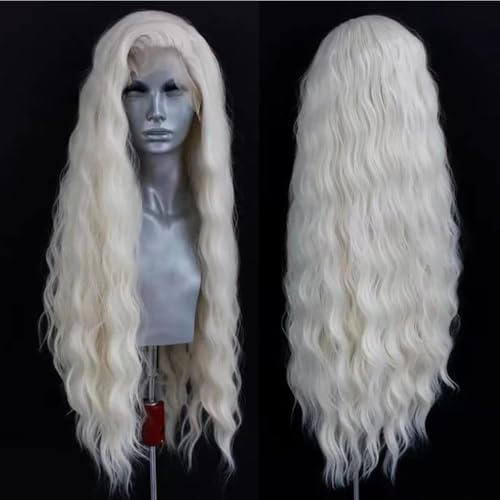 ELESTY Long Wavy White Blonde Hair Synthetic Lace Front Wig For Women Natural Loose Curly #60 Platinum Icy Blonde Lace Wigs Free Part Water Wave Glueless Lace Front Wigs High Temperature Hair Cosplay