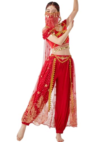 Belly Dance Princess Costume - Aladdin Jasmine Cosplay Outfits Halloween Party Red Costumes for Women/Teen(Red, M)