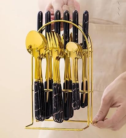 Image of MERISH Spoon Fork & Knife Set - Cutlery Set with Stand - Gold Plated | Stainless Steel - 24 Pcs (Black)