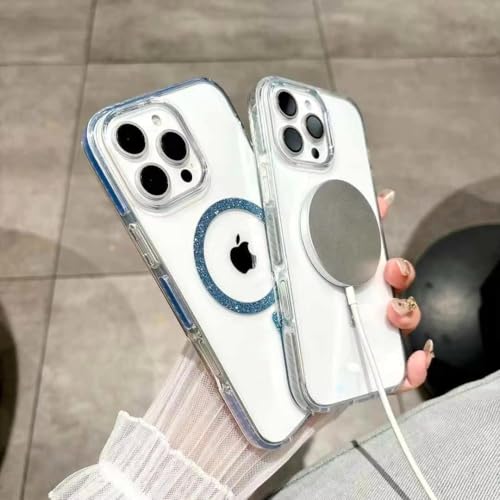 Image of VONZEE Compatible for iPhone 17e / iPhone 16e 6.1'' Case Glitter Ring Cute Shiny Colorful Bling Case (Compatible with Magsafe) Transparent PC+TPU Glossy Shiny Cover for Girls Women,Blue