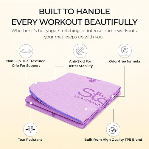 Image of Stoga Origami Foldable 6mm Yoga Mat | Non-Slip | Mat for Men & Women | Lightweight, Sweat-Resistant, Eco-Friendly TPE Mats with Carry Strap | Best Yoga Mat for Home, Travel & Gym (Purple)
