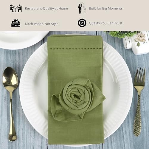 Image of FINGERCRAFT Hemstitched Cotton Table Napkins - Set of 12, 20x20 Inch, 100% Cotton Cloth Napkins with Faggoting Stitching - Durable & Elegant for Parties, Hotels, Everyday Use (Olive Slub)