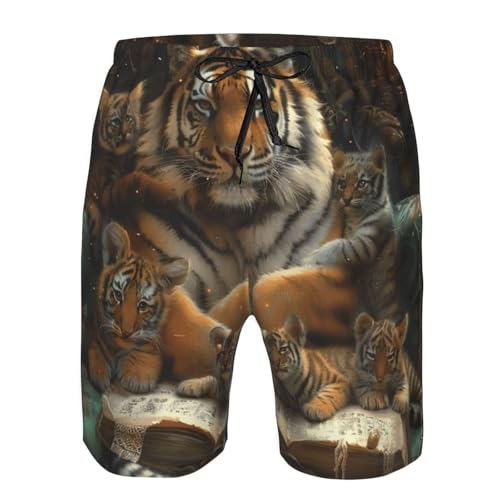 Men's Quick Dry Swim Shorts Tiger Magical Books Mystical Fantasy Animal Beautiful Beach Trunks with Pockets3