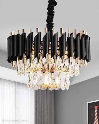 Image of Modern Ceiling Lamp 2-Tier Round Crystal Chandelier for Living Room | Modern Ceiling Light Jhumar for Hall for Home Decoration + 3 Color LED Light (Black Gold, 300MM)