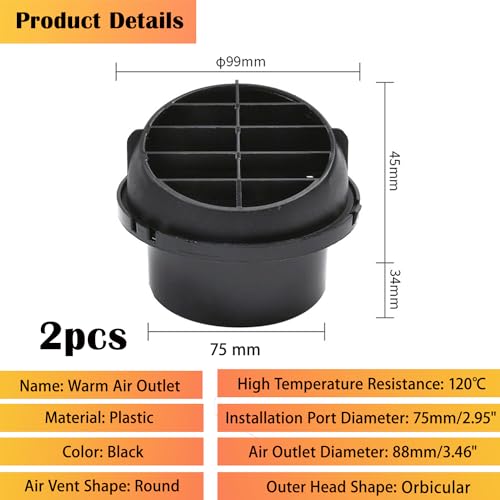 2pcs 360 Degrees Rotatable Warm Air Vent Outlet Diesel Heater Car Heater Duct Hose Pipe Air Outlet Vent Cover for Parking Heater Air Conditioner Steering Eberspacher, Webasto, Propex Heaters (75mm) - Thumbnail 2