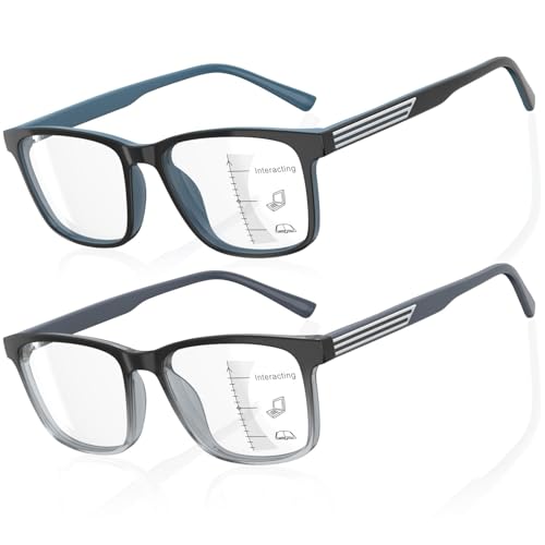 DEHOTRE 2 Pack Progressive Multifocus Reading Glasses Men Unbreakable TR90 Frame Temple Large Size Readers with Metal Inlays Multifocal Lens Blue Light Blocking Black & Blue 2.25 by DEHOTRE - Used condition - US$20.05