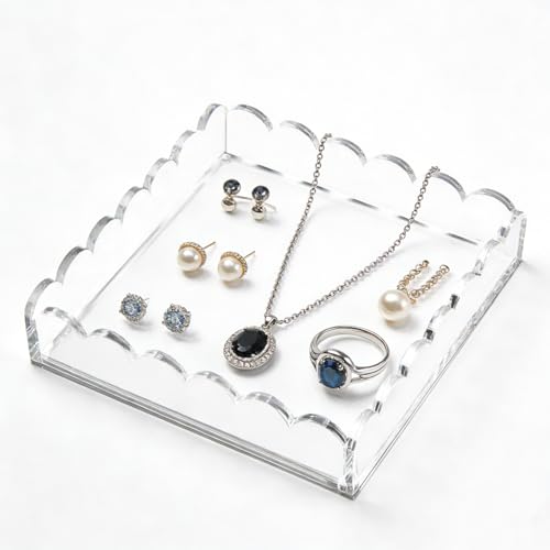 RUIFUU Clear Acrylic Tray,8x8 inch Acrylic Decorative Tray with Magnetic Mat, Jewelry Trinket Organizer for Makeup,Perfume, Dresser,Bathroom Storage Trays,Anti‑Slip Modern Decor Gift