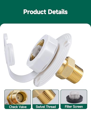 Image of STMOUTUO RV City Water Inlet with Check Valve - 3 /4 inch NH Female to 1 /2 inch NPT Male Brass Flange | Optional Hose Elbow | Lead-Free, Dust Plug Included | Camper /Trailer /Marine Water Hookup.