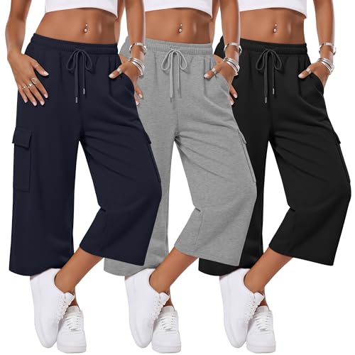 JoyMotion 3 Pack Women Cargo Capris Wide Leg Loose Workout Active Pants Baggy Lightweight Cropped...