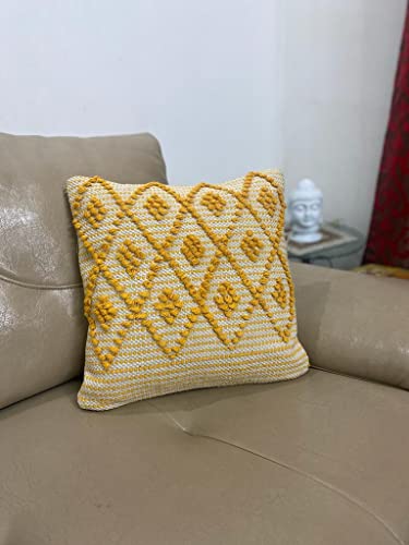 Image of TIB Premium Boho Decorative Throw Cushion Covers, 16 x 16 cm, Set of 2, Cotton. (Mustard Diamond)-230 TC