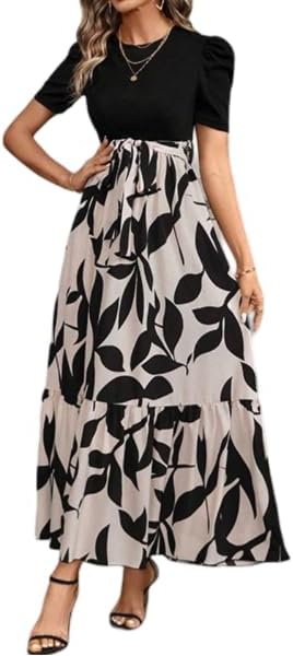 Floral Print O Neck Short Waist Strap Ruffle Hem Women Party Wear Maxi Dress