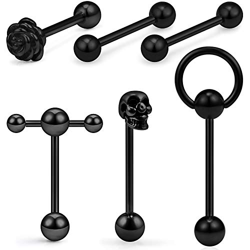 SCERRING 6PCS 14G Stainless Steel Rose Skull Door Lock Tongue Teaser Double Barbell with Slave Ring Nippleings Ring Body Piercing Jewelry Black SCERRING 6PCS 14G Stainless Steel Rose Skull Door Lock Tongue Teaser Double Barbell with Slave Ring Nippleings Ring Body Piercing Jewelry Black