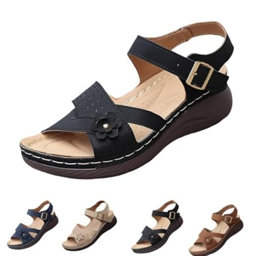 Orthotic Orthopedic Shoes Sandal Wedges Strappy Wedge with Arch Support Women Open Toe Ankle Strap Comfortable Platform (black,2