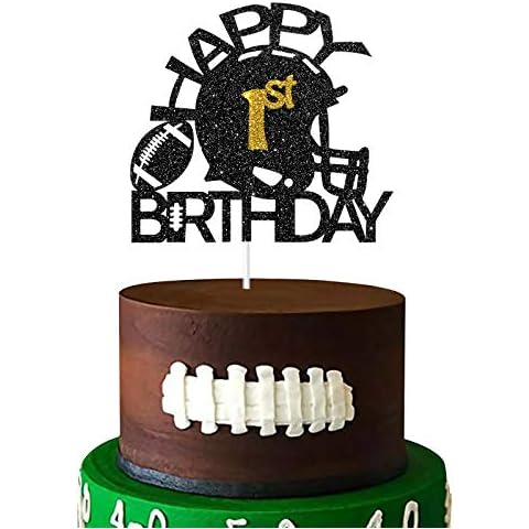 Black & Gold Glitter Football Happy 1st Birthday Cake Topper, Football 1st Birthday Party Decoration, Football Theme Happy 1st Birthday Party Supplies (1st) Cover
