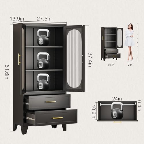 GAIOUS Kitchen Pantry Cabinet with 2 Acrylic Glass Doors and 2 Adjustable Shelves, Kitchen Storage Cabinet with 2 Drawers, 61.6\" Tall Freestanding Storage Cabinet for Kitchen, Bathroom, Bedroom(Black) - Thumbnail 2